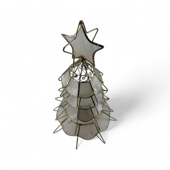 Vintage Capiz Shell Christmas Tree Candle Holder with Brass Frame Star Topper - Picture 8 of 16